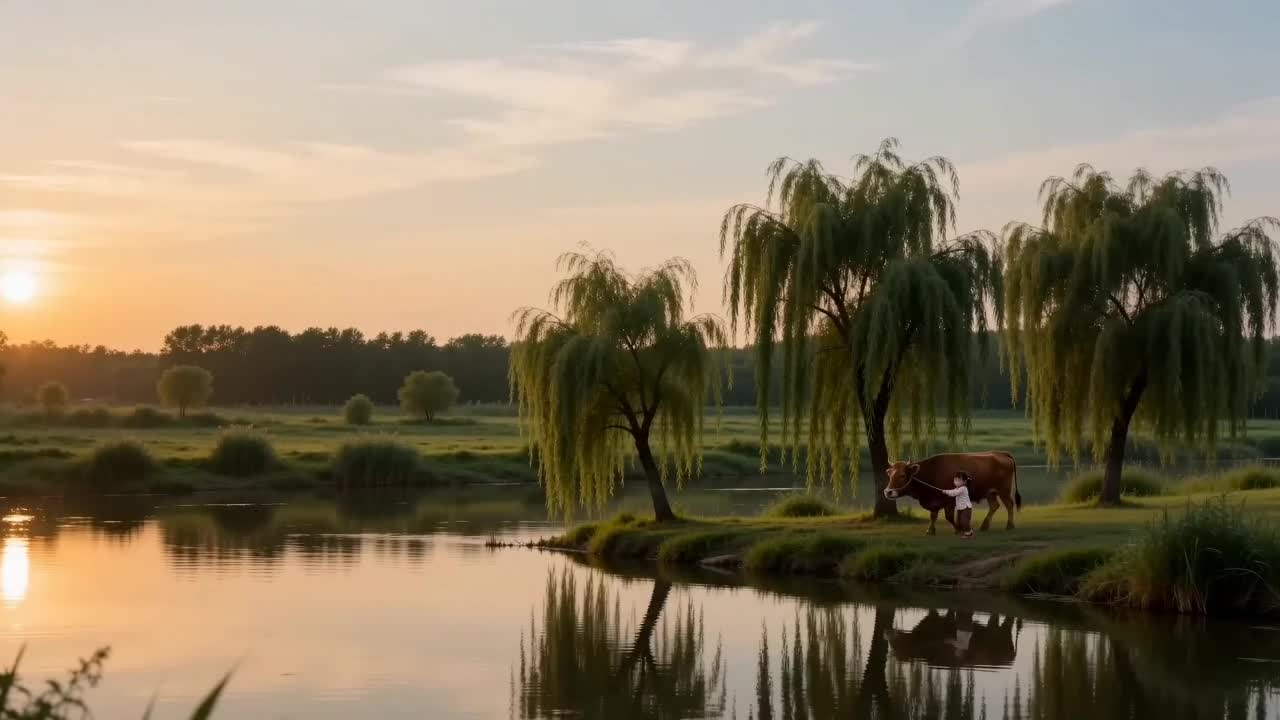 jimeng-2026-03-18-8192-《妞妞赶牛》妞妞赶牛河边走，牛牛要吃河边柳，妞妞护柳扭牛走，牛牛扭头顶妞妞，妞妞....mp4